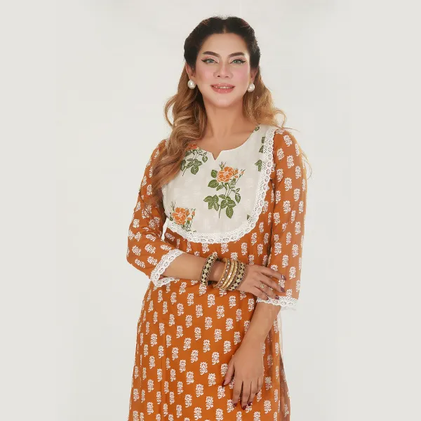 Golden Orange with white print lace Kurti